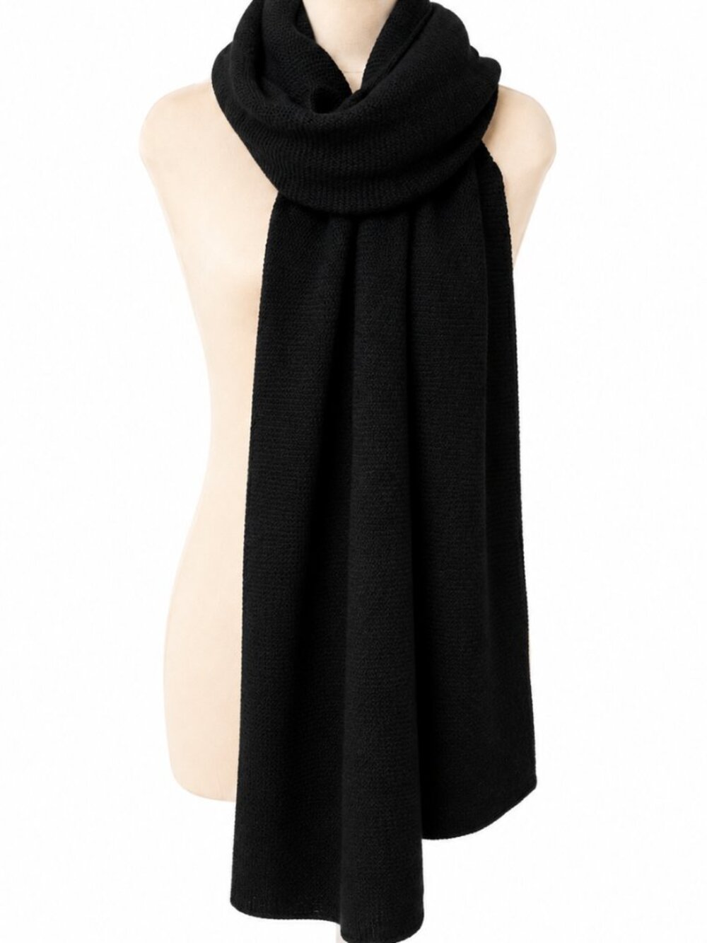 POM POMS Hand Knit Black Ribbed Chunky Long Scarf Wrap NWOT
